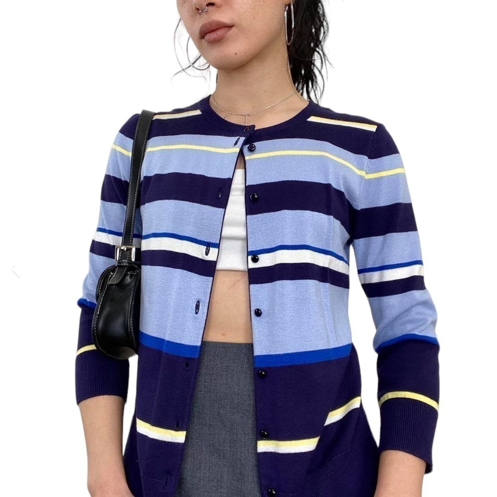 Cable & Gauge💙Blue Stripe Button Front Crew Neck Cardigan Sweater Size L